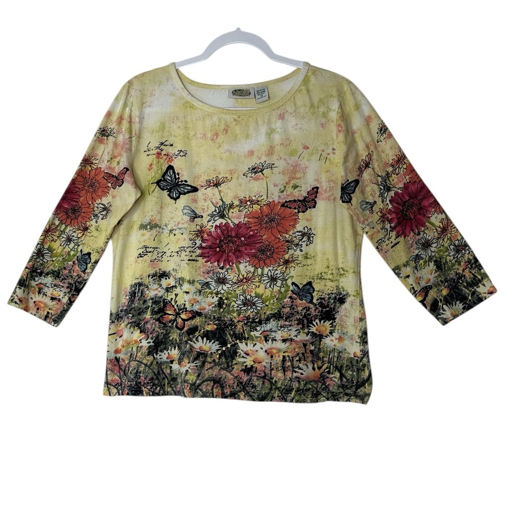 Collections Etc Top Women Medium Floral Sequin‎ Spring Blouse  Artsy Butterfly